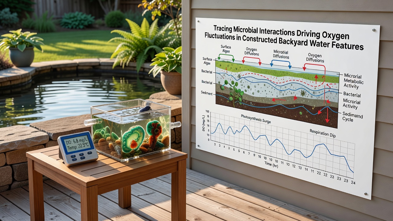 Graph and microscope images from experiments illustrating oxygen fluctuation curves alongside microbial community samples from backyard water features